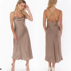 show me your mumu verona cowl midi dress brown dune luxe satin women small
